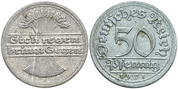 ГЕРМАНИЯ 50 ПФЕННИГОВ 1921 F KM 27, J. 301, Weege 10 алюминий 261-336