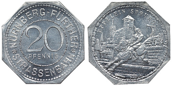 Германия, Нюрнберг - Фюрт 20 пфеннигов ND трамвайный жетон, прыжок Эппеляйна алюминий UNC 4119-613