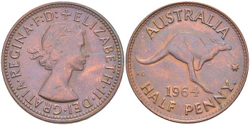Австралия 1/2 пенни 1964 р, Елизавета II (1952-2022), кенгуру KM 61 бронза 4519-412