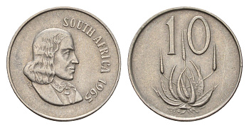 ЮАР 10 центов 1965 Ян ван Рибек (1619-1677), South Africa, легенда на английском, цветок алоэ KM 68.1 медно-никель 4640-1147