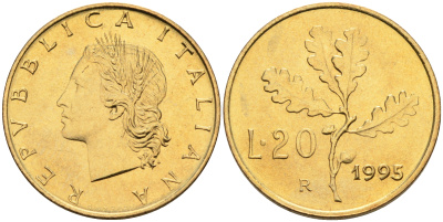 Италия 20 лир 1995 R, дубовый лист KM 97.2 алюминиевая бронза  UNC  4594-943