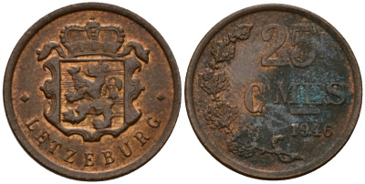 Люксембург 25 сантимов 1946 Шарлотта (1918-1964) KM 45 бронза 4122-556