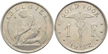 БЕЛЬГИЯ 1 ФРАНК 1922 BELGIE, АЛЬБЕРТ I (1909-1934) KM 90 никель 119-417