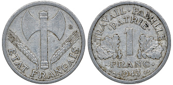 Франция 1 франк 1943 правительство Виши KM 902.1, Le Franc 223.3 алюминий 4163-421