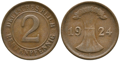 ГЕРМАНИЯ 2 РЕНТЕНПФЕННИГА 1924 E KM 31, J. 307 бронза 24-521