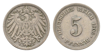 Германия 5 пфеннигов 1906 D, Вильгельм II (1888-1918) KM 11, J. 12 медно-никель 4636-129