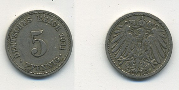Германия 5 пфеннигов 1911 A KM 11, J. 12, Weege 6 медно-никель 25-425