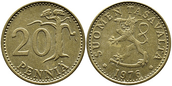 ФИНЛЯНДИЯ 20 ПЕННИ 1976 K KM 47 алюминиевая бронза 45-524