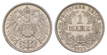 Германия 1 марка 1911 E, Вильгельм II (1888-1918) KM 14, J. 17 серебро 4626-222