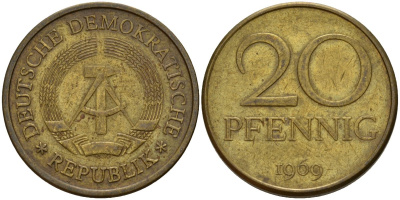 ГДР 20 пфеннигов 1969 A, первый год KM 11 латунь 98-346