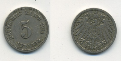 Германия 5 пфеннигов 1911 A KM 11, J. 12, Weege 6 медно-никель 25-425