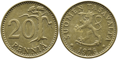 ФИНЛЯНДИЯ 20 ПЕННИ 1976 K KM 47 алюминиевая бронза 45-524