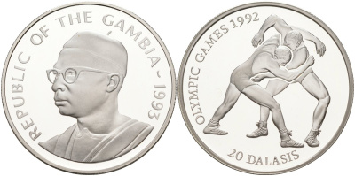 Гамбия 20 даласи 1993 Олимпийские игры 1992 года в Барселоне, борьба, тираж 40000 экз. KM 33 серебро PROOF 1098-1-24
