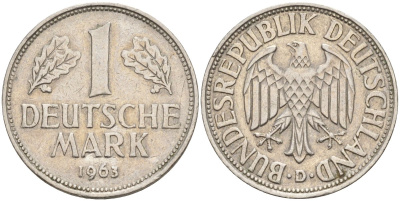 ФРГ 1 марка 1963 D KM 110, J. 385 медно-никель 4177-844