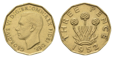 Великобритания 3 пенса 1952 Георг VI (1936-1952) KM 873, Spink 4113 никель латунь 61-1224