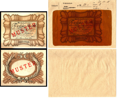 Германия 50 марок 1918 30 ноября, MUSTER, образец, Specimen. В оригинальном банковском конверте. Из коллекции Отто Сейфферта (помощник Ялмара Шахта - министра экономики Германии и президента Рейхсбанка времен третьего рейха) Pick 65 s, Grabowski DEU 70 a 