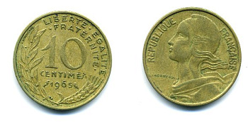 ФРАНЦИЯ 10 САНТИМОВ 1965 ТИП MARIANNE КМ 929 медь алюминий никель 3999-644