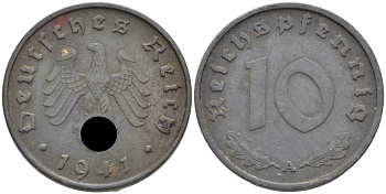 ГЕРМАНИЯ 10 РЕЙХСПФЕННИГОВ 1941 А KM 101, J. 371 цинк 4401-724