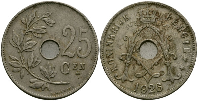 Бельгия 25 сантимов 1926 Belgie KM 69 медно-никель 4165-926