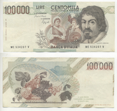 Италия 100000 лир 1983 Караваджо, фруктовый букет, подпись Speziali Pick 110b бумага 7220-19-1