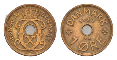 Дания 1 эре 1930 N, Кристиан X (1912-1947) KM 826 бронза 4658-147