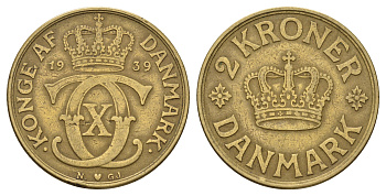 Дания 2 кроны 1939 N; GJ, Кристиан X (1912-1947) KM 825 алюминиевая бронза 82-1133