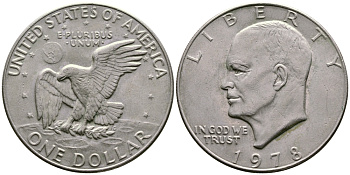 США 1 доллар 1978 Президент Эйзенхауэр, лунный орел KM А203 медь плакированная медно-никелем 74-523
