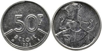 БЕЛЬГИЯ 50 ФРАНКОВ 1992 BELGIE, БОДУЭН I (1951-1993) KM 169 никель 65-1155