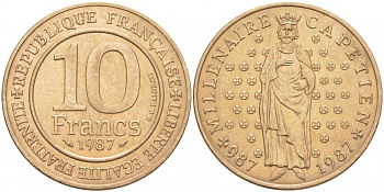 Франция 10 франков 1987 1000 лет первому королю Франции Гуго Капету KM 961 d, Le Franc 371.2 никелированная бронза 3855-733