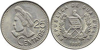 Гватемала 25 сентаво 1990 большая голова, Республика Гватемала KM 278.5 медно-никель 4389-422