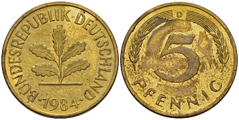 ФРГ 5 пфеннигов 1984 D J.382, KM 107 сталь плакированная латунью    4598-1036