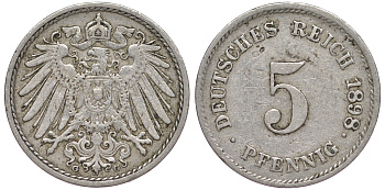ГЕРМАНИЯ 5 ПФЕННИГОВ 1898 G, KM 11, J. 12 медно-никель 45-1114