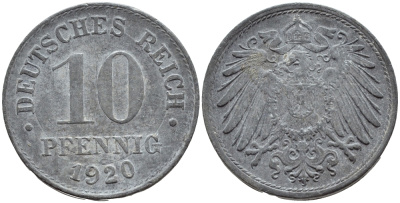 ГЕРМАНИЯ 10 ПФЕННИГОВ 1920 KM 26, J 299 цинк 4395-1244