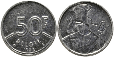 БЕЛЬГИЯ 50 ФРАНКОВ 1992 BELGIE, БОДУЭН I (1951-1993) KM 169 никель 65-1155