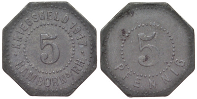 Германия, Хамборн 5 пфеннигов 1917 Дуйсбург, Северный Рейн-Вестфалия, нотгельд Funck 190.2 цинк 4119-1053