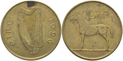 ИРЛАНДИЯ 20 ПЕНСОВ 1996 ЛОШАДЬ KM 25 никель бронза 97-1013
