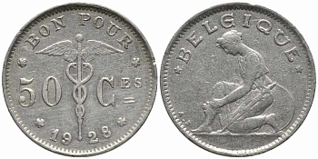 БЕЛЬГИЯ 50 САНТИМОВ 1928 BELGIQUE KM 87 никель 112-438