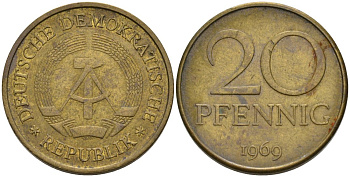 ГДР 20 пфеннигов 1969 А, первый год KM 11 латунь 4571-634
