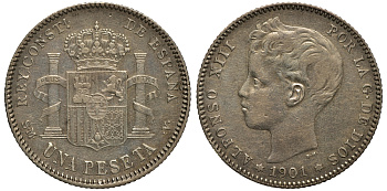 ИСПАНИЯ 1 ПЕСЕТА 1901 (01) SM-V, АЛЬФОНСО XIII (1886-1931) KM 706 (Y88) серебро 413-4431