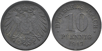Германия 10 пфеннигов 1917  KM 26, J. 299 цинк 4116-544