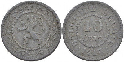 БЕЛЬГИЯ 10 САНТИМОВ 1915 НЕМЕЦКАЯ ОККУПАЦИЯ, ПЕРВЫЙ ГОД KM 81 цинк 4529-136