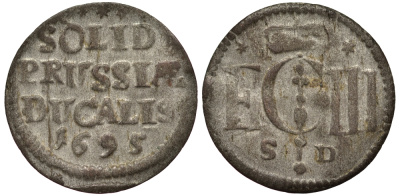Бранденбург-Пруссия 1 шиллинг 1695 SD, Фридрих III (1688-1701), вес 0,52 гр. KM 590, v. Schrotter 851 серебро 1516-121
