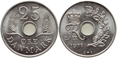 ДАНИЯ 25 ЭРЕ 1971 С; S, ФРЕДЕРИК IX (1947-1972) KM 855.1 медно-никель UNC 4398-1012
