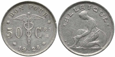 БЕЛЬГИЯ 50 САНТИМОВ 1928 BELGIQUE KM 87 никель 112-438