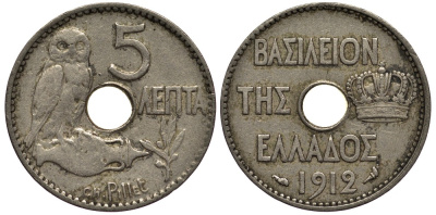 ГРЕЦИЯ 5 ЛЕПТА 1912 КОРОЛЬ ГЕОРГ I (1863-1913), СОВА KM 62 никель 4538-932