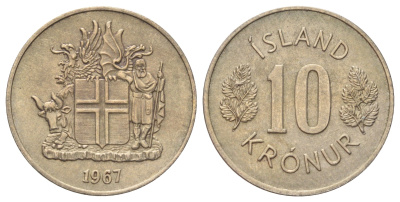 Исландия 10 крон 1967 KM 15 медно-никель UNC 4666-915