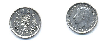 ИСПАНИЯ 10 ПЕСЕТ 1984 KM 827 медно-никель 54-1931