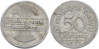 ГЕРМАНИЯ 50 ПФЕННИГОВ 1920 G KM 27, J. 301, Weege 10 алюминий 4388-145