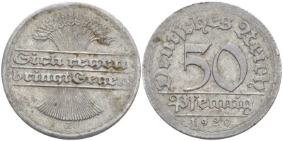 ГЕРМАНИЯ 50 ПФЕННИГОВ 1920 G KM 27, J. 301, Weege 10 алюминий 4388-145