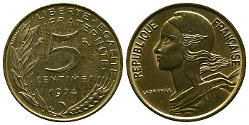 ФРАНЦИЯ 5 САНТИМОВ 1974 ТИП MARIANNE KM 933, LE FRANC 125.10 алюминиевая бронза 4381-621